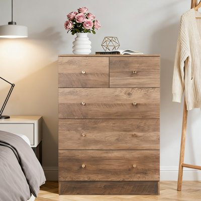 Armoire à tiroirs en mélamine avec 3 + 2 tiroirs et poignées dorées mates
