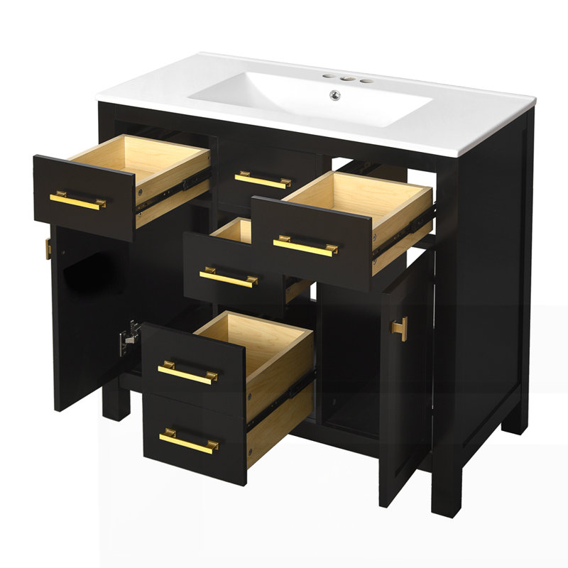 Armoire de salle de bain moderne autoportante simple avec 4 tiroirs et 2 armoires, Noir