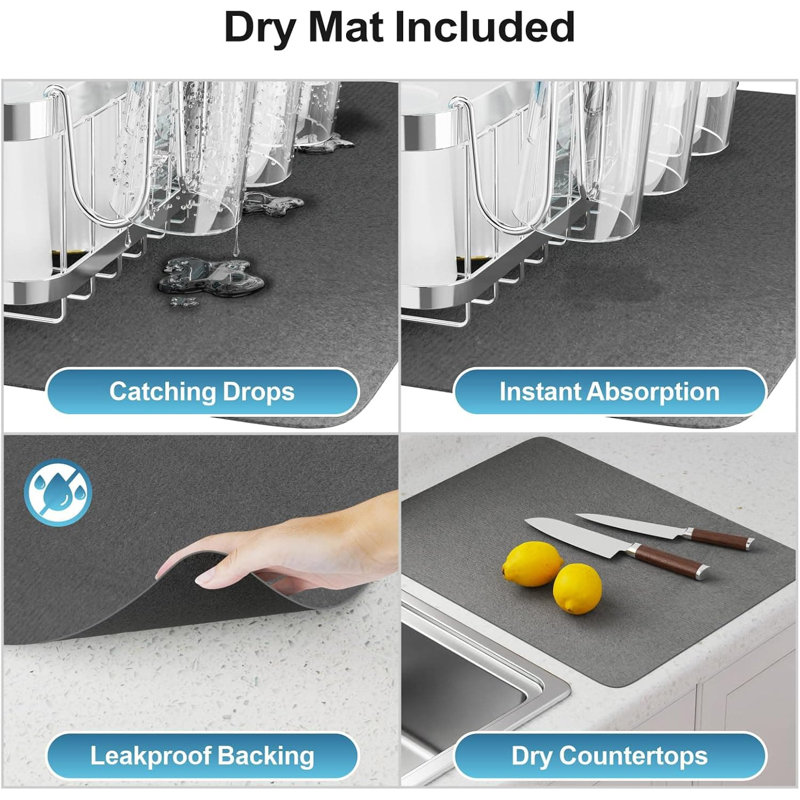 Grand ensemble de vaisselle extensible 2 en 1 avec tapis absorbant, égouttoir à vaisselle en acier inoxydable pour comptoir de cuisine et évier, égouttoir à vaisselle réglable à grande capacité et antirouille