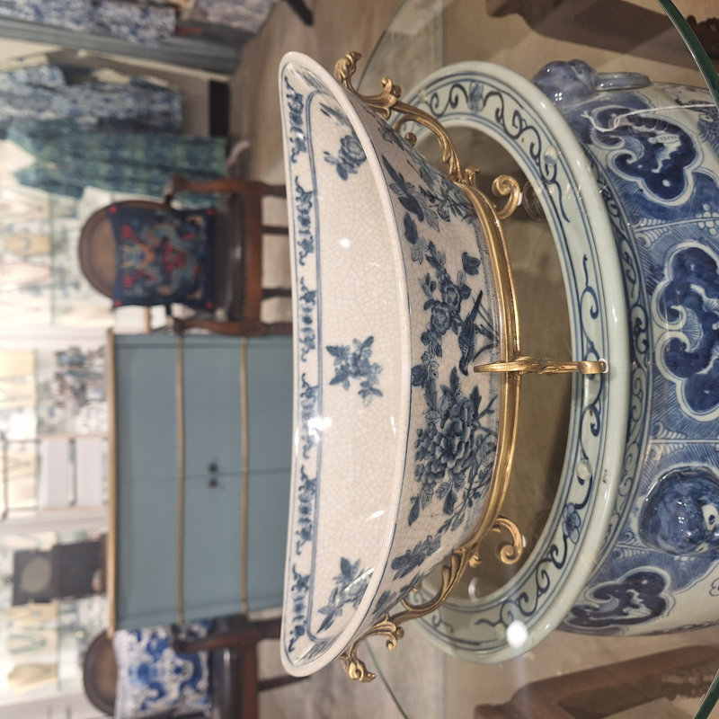 Blue White Floral Bird Oval Basin
