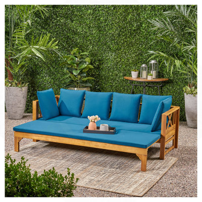 Canapé d'extérieur extensible 3 places en bois d'acacia, canapé rembourré, méridienne, méridienne spacieuse et méridienne de patio