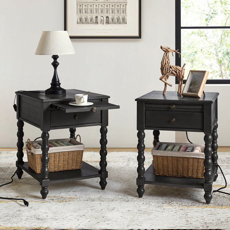 Dziekan 26" H Solid Wood End Tables with Charging Outlets (Set of 2), Charcoal