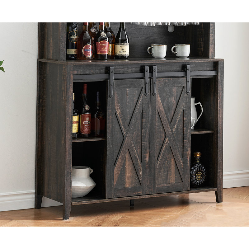 69.6'' Tall Farmhouse Coffee Bar Cabinet, 6 Bottle Wine Rack And 12 Stemware Slots, Dark Oak