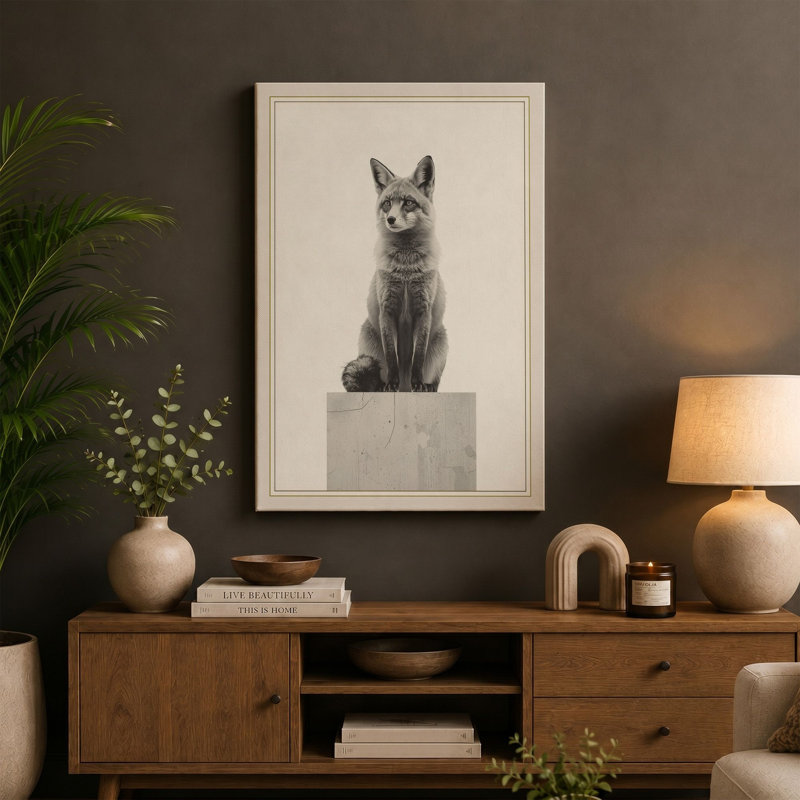 Fox on Pedestal Minimalist - Wrapped Canvas, 36x24 - 91.4 x 61.0 cm, Terracotta Border