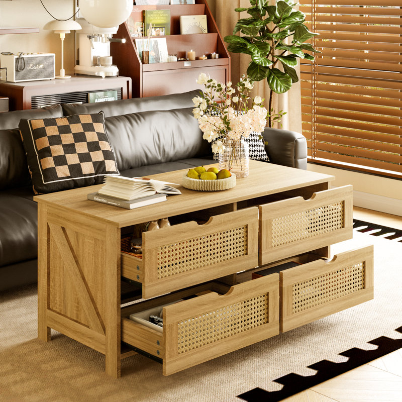 Rattan Wooden Coffee Table, 4 Drawers Cocktail Table With Storage, 19.7" H x 37.4" W x 17.7" L, Original Wood