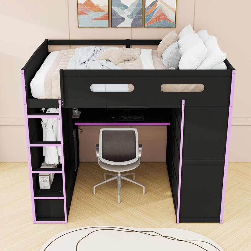 Lit mezzanine en bois avec bureau intégré, garde-robe, lumière RVB et 2 tiroirs