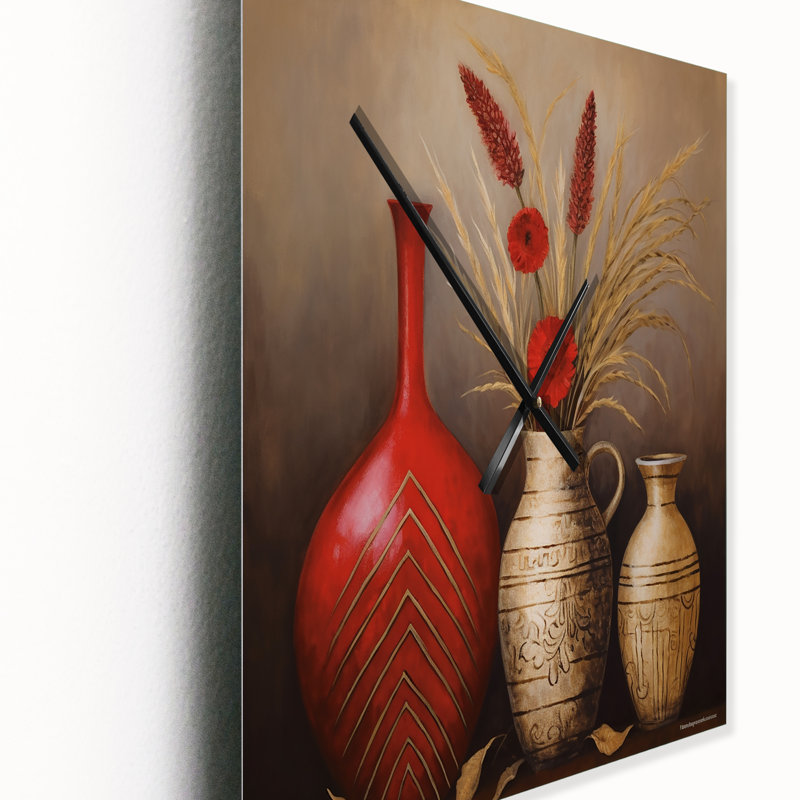 Horloge murale nature morte rouge avec blé et fleurs rouges, Médium