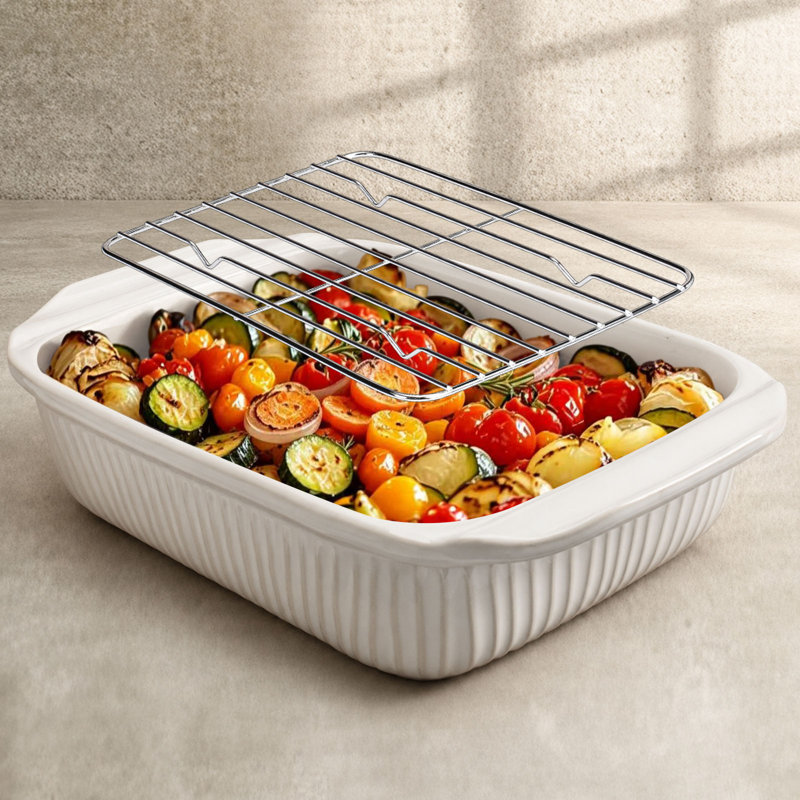 Ceramic Casserole Baking Dishes, Wide Non-Slip Handles,Reactive Glaze, Lasagna Pans with Rack, Wedding Registry & Holiday Gift(White) (Set of 1)