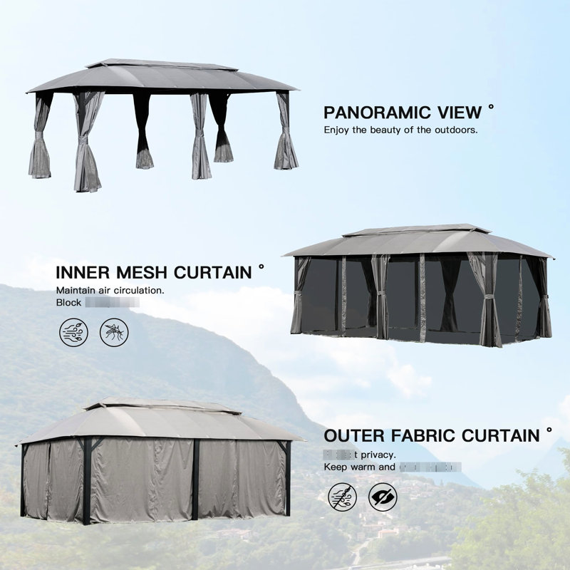 Pavillon de jardin gris 10 pi x 20 pi - tissu, double toit ventilé, filet amovible, extérieur pour terrasse spacieuse de 10 pi x 20 pi, conception de toit, imperméable
