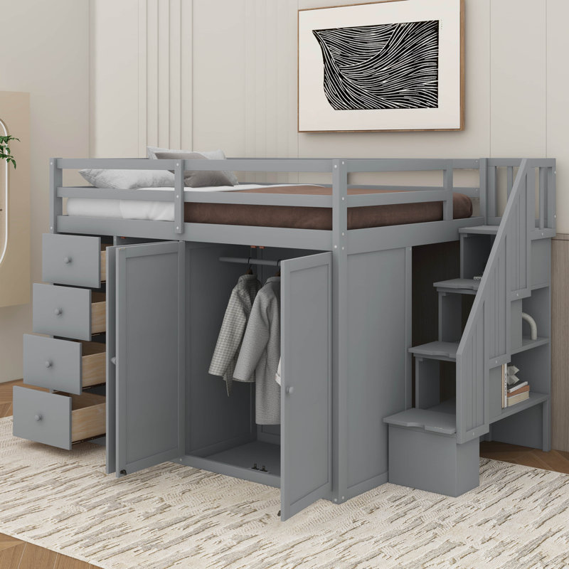 Lit mezzanine double en bois avec armoires, tiroirs et armoires, Gris