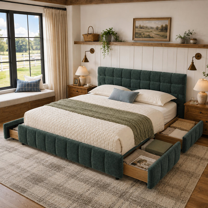 Lit plateforme tapissier en chenille moderne avec quatre tiroirs sous le lit, Très grand lit, Vert