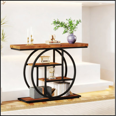 41.3 Inch Industrial Chic Console Table With Circle Base And Rustic Brown Finish, Perfect For Hallways And Entryways.