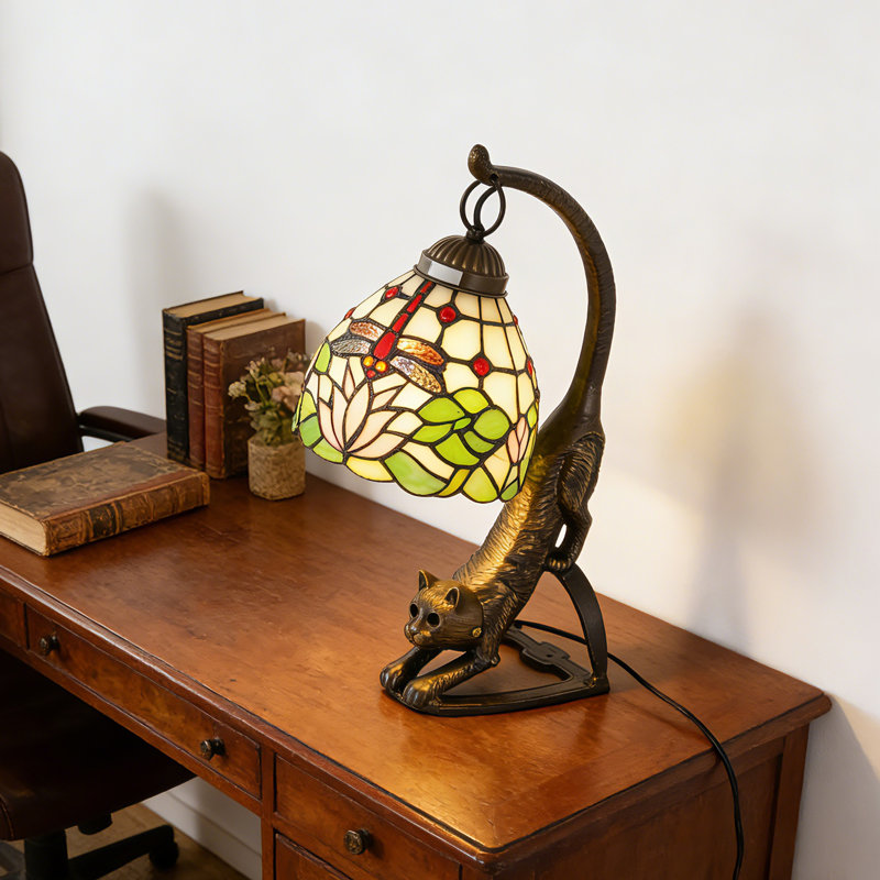Tiffany-Style Stained Glass Table Lamp Bronze Resin Cat Shade Base Desk Lamp