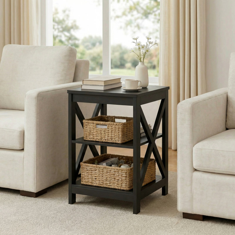 Table de bout haute 23,6 po avec tablettes de rangement ouvertes, H 23,6 po x l 15,8 po x P 15,8 po (ensemble de 2), Noir, 2