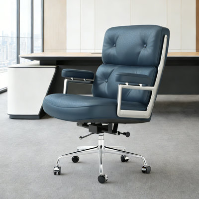 Mid Back Genuine Leather Executive Office Chair With Aluminum Frame, Computer Desk Chair