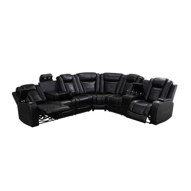 Ensemble de canapé inclinable trois pièces, Similicuir noir