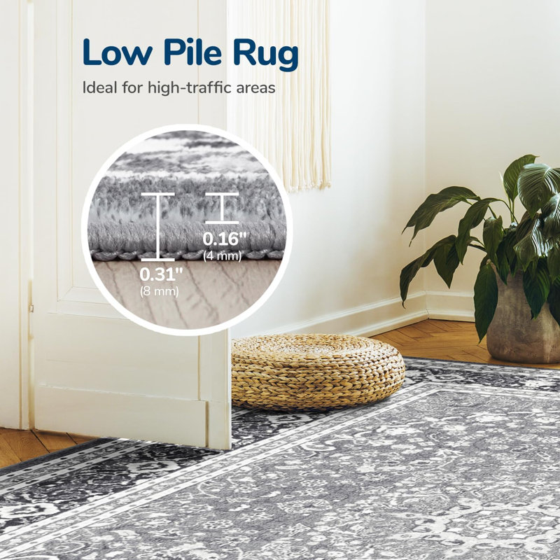 9'X12' Washable Vintage Boho Floral Area Rugs Super Soft Faux-Wool Non-Slip Low Pile Grey White, Rectangle 9' x 12'