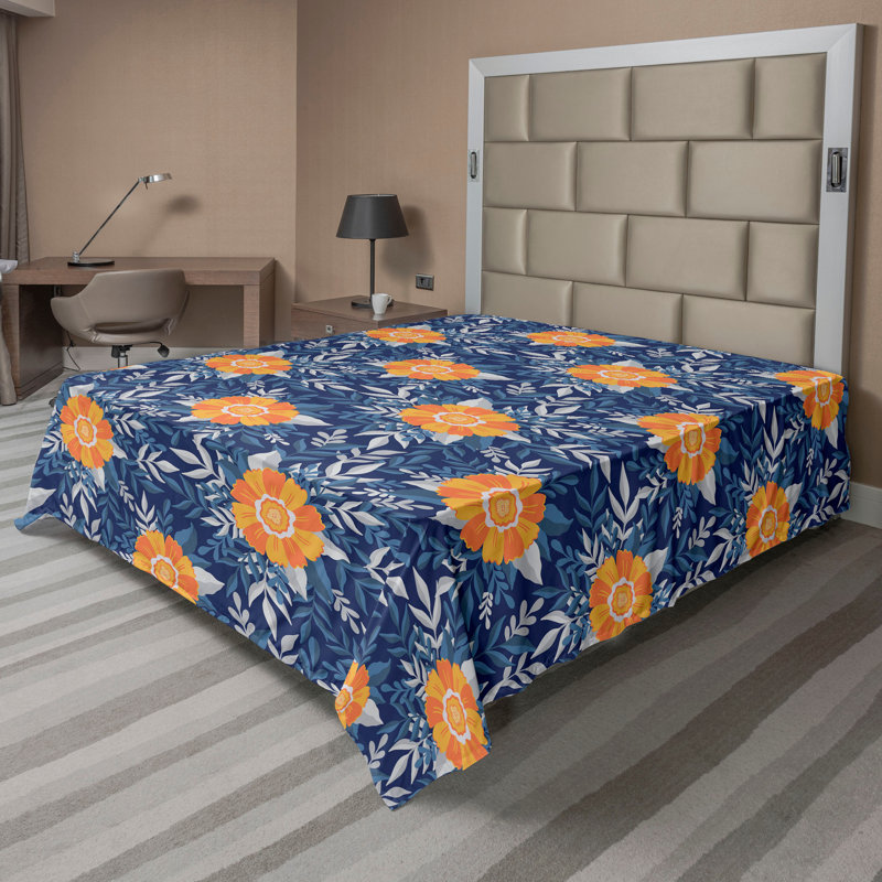Floral Flat Sheet, Burnt Sienna and Slate Blue