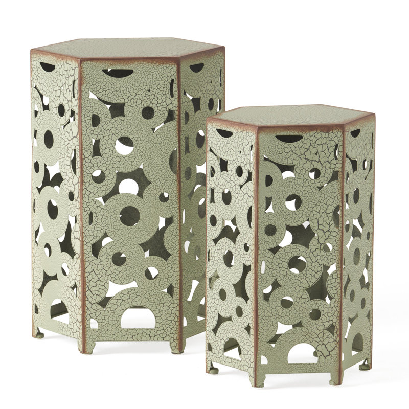 Accent Table In Antique Iron, No Assembly Requirement, Intricate Appearance, 14.34 In. D X 12.53 W 22.5 H, 9.97 Lb, 2 Tables Iron , Pattern, Assembly, 12.53"w 14.34"d 22.5"h, 2 Of