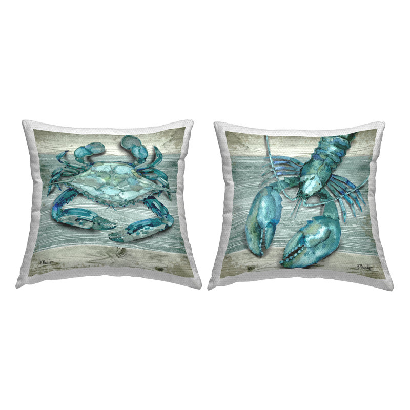 Ensemble de 2 coussins décoratifs d'extérieur Blue Crab Lobster Marine Sea Life par Paul Brent