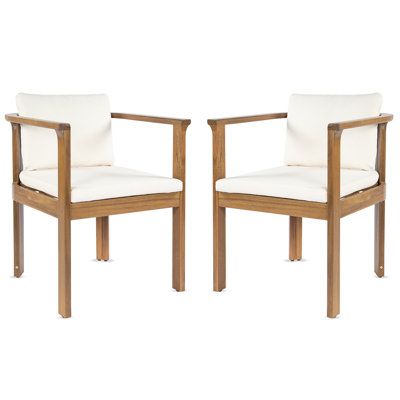 Outdoor Dining Chair Set of 2 with Curved Acacia Wood Arms, Teak Finish and Cream Cushions