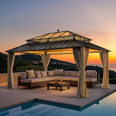 SUNJOY Kingston 16x12 Gazebo, Steel & PC Roof Hardtop Gazebo with Curtain and Netting - Cedar Posts