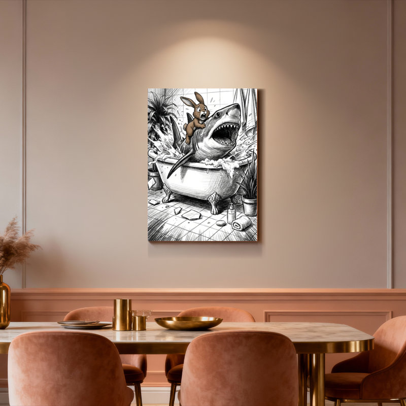 Shark And Rabbit In Bathtub Canvas Wrapped Wall Art Oil Painting Print Set Of 1, 24" H x 16" W