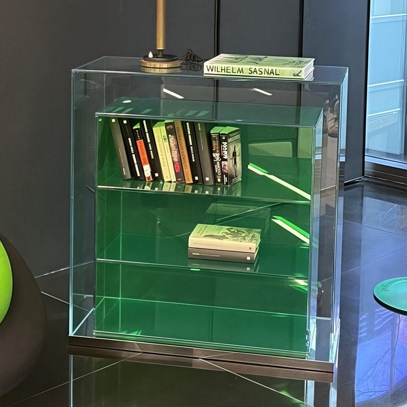 Verre vert + vitrines en acier inoxydable, Vert