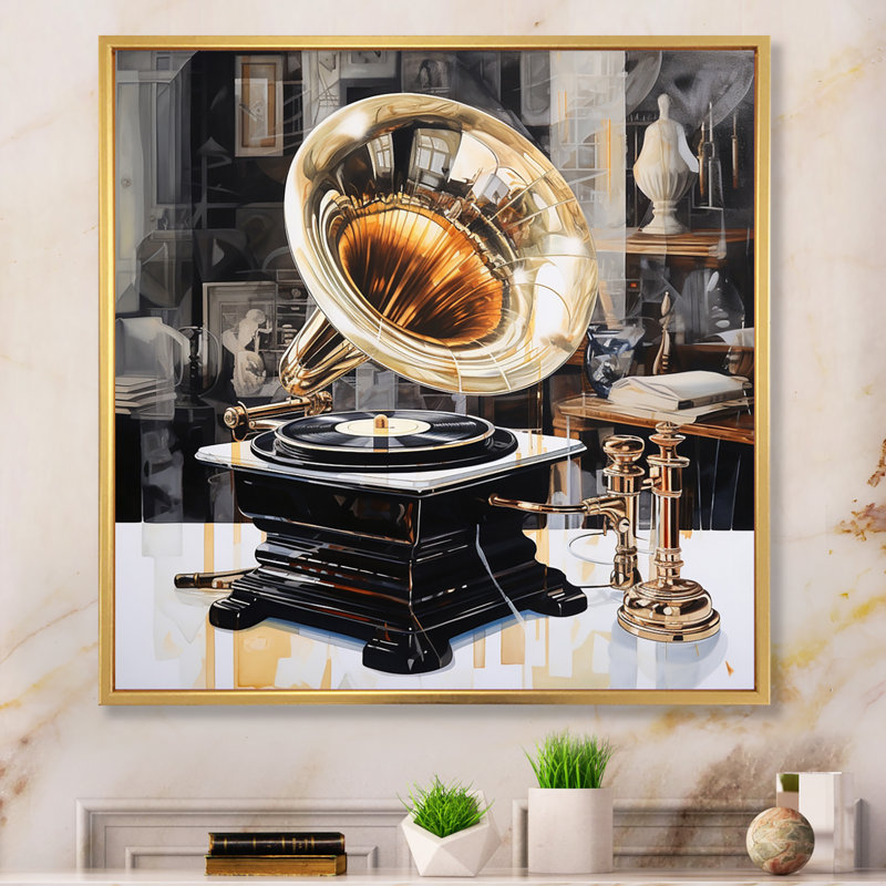 Gold Phonograph Reflections I - Music Canvas Prints, Cadre flottant doré, H 30 po x l 30 po x P 1 po
