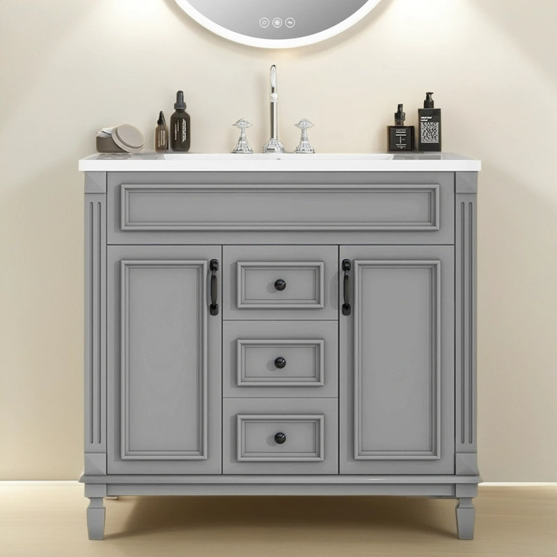 36" Free Standing Single Bathroom Vanity with Ceramic Top, Gray