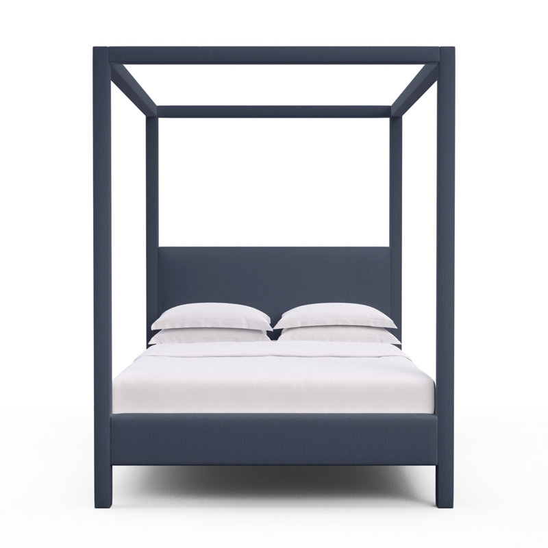 Lit tapissier Lafayette, Simple, Imprimé bleu de lin à tissage carré