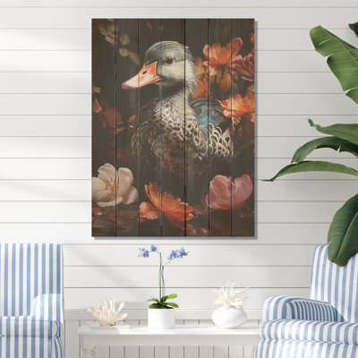«Duck's Floral Shadow Diver» - animal canard sur bois