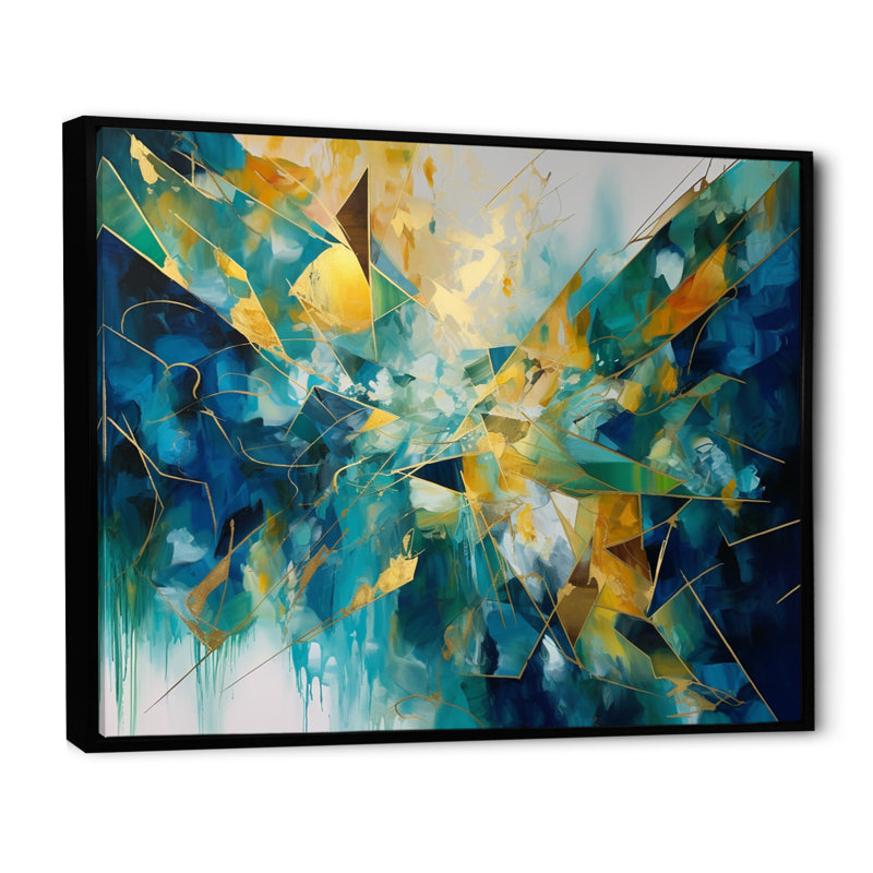" Golden Explosion Triangles VI ", 34" H x 44" W x 1.5" D, Black Floater Framed
