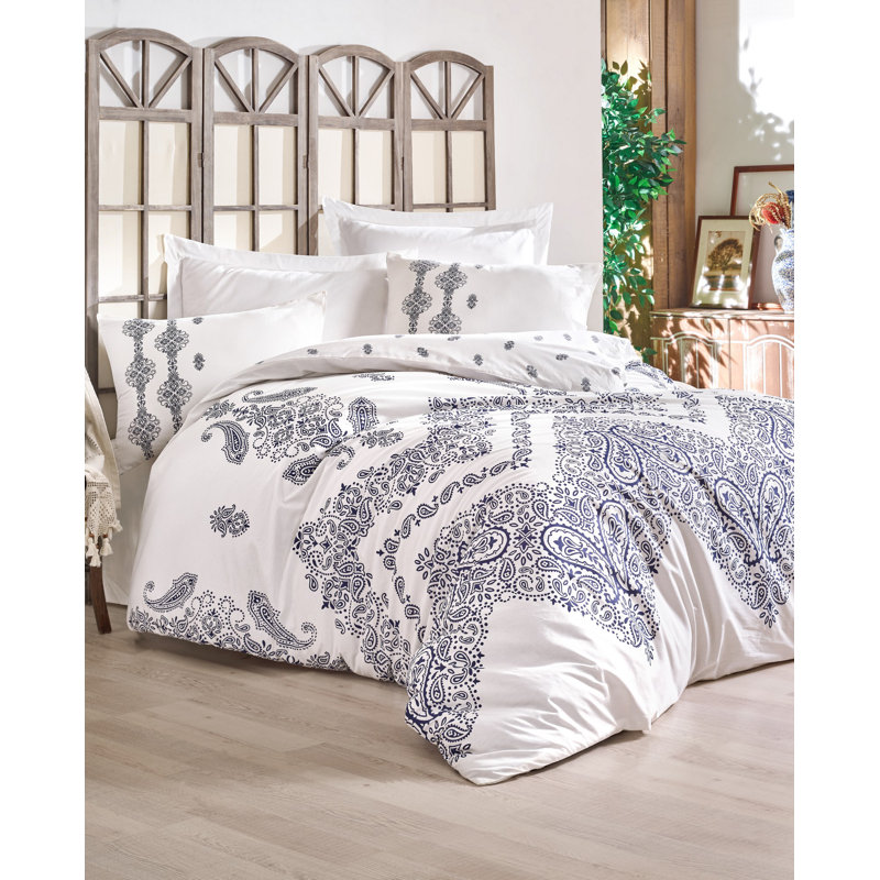 Ensemble de housse de couette 100% coton Frisbie blanc / bleu, Housse de couette double + 2 taies d'oreiller 24 p