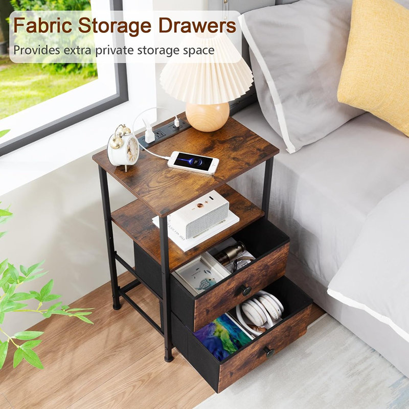 Table de chevet 2, table de chevet avec station de charge, tables de bout avec tablette de rangement pour petits espaces, tables de chevet avec 2 tiroirs en tissu pour la chambre à coucher, brun rustique, HETS020PBR