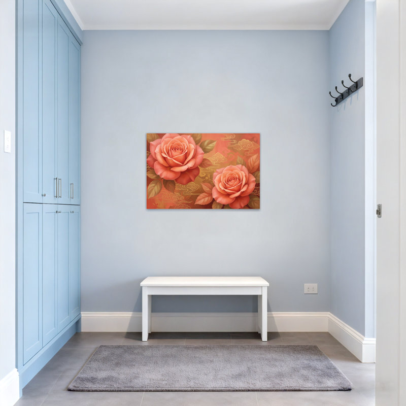 Plantes et fleurs, motif floral rose avec motifs de nuages, H 24 po x l 36 po