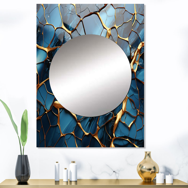 «Izhan» or et bleu marbre mosaïque agate I - miroir décoratif abstrait, miroir mural moderne, art imprimé en métal