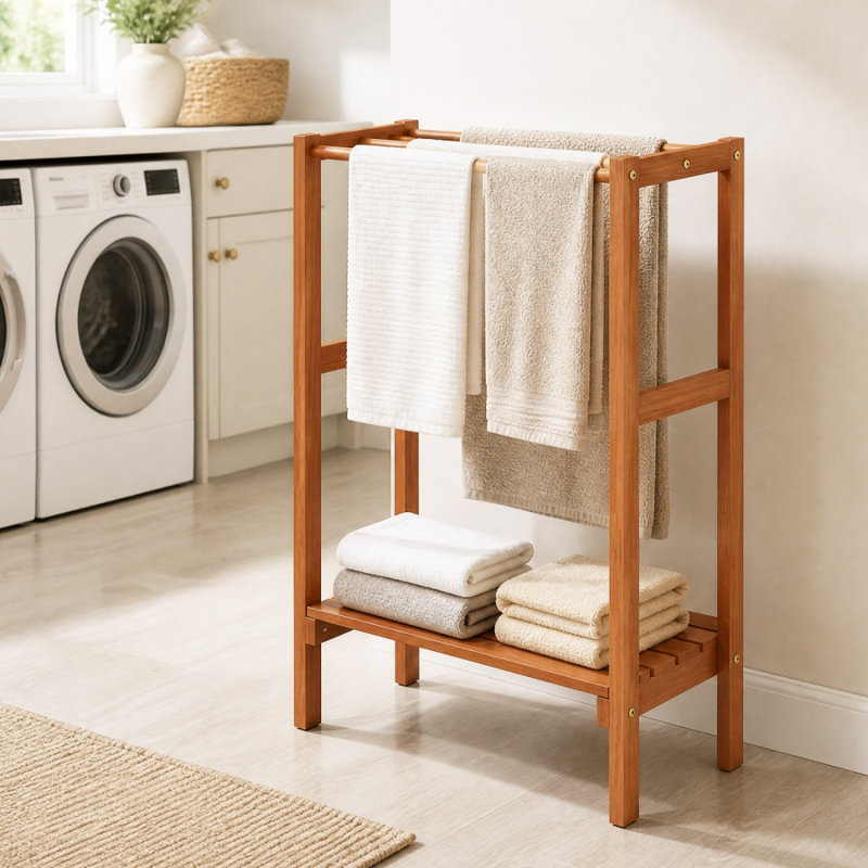 Freestanding Towel Rack with 3 Bars & Bottom Shelf, Solid Hardwood