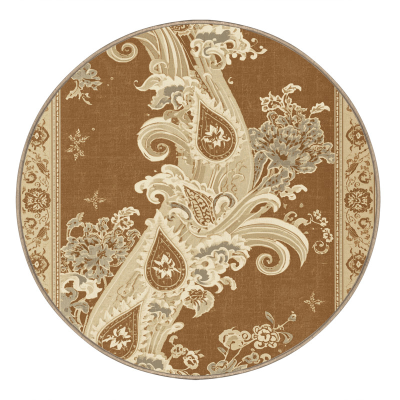 Machine Washable Ovaline Classic Oriental Rug in Brown – Beige Binding, 3' Round
