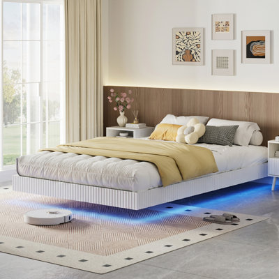 King Floating Bed Frame With LED Lights, Modern Fluted Floating Platform Bed With Heavy Duty Metal Slats, No Headboard