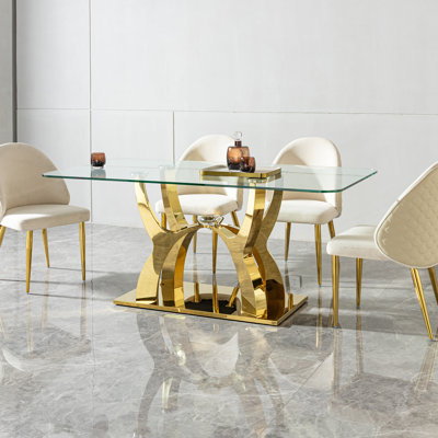 Table de salle à manger de luxe en verre pour plateau en verre transparent 68,9 po à 6 places avec base courbée moderne or