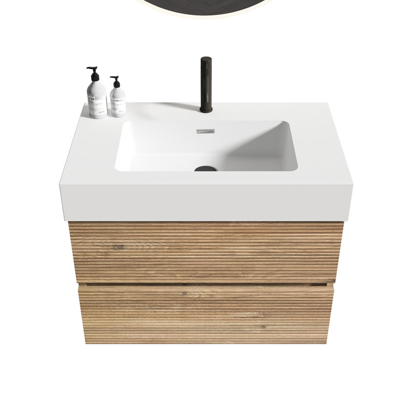 Meuble-lavabo flottant mural, impression visuelle en chêne, ensemble de fonctions de tiroir silencieux, panneaux E1, système de conception de lavabo en une pièce Qualité, performance,