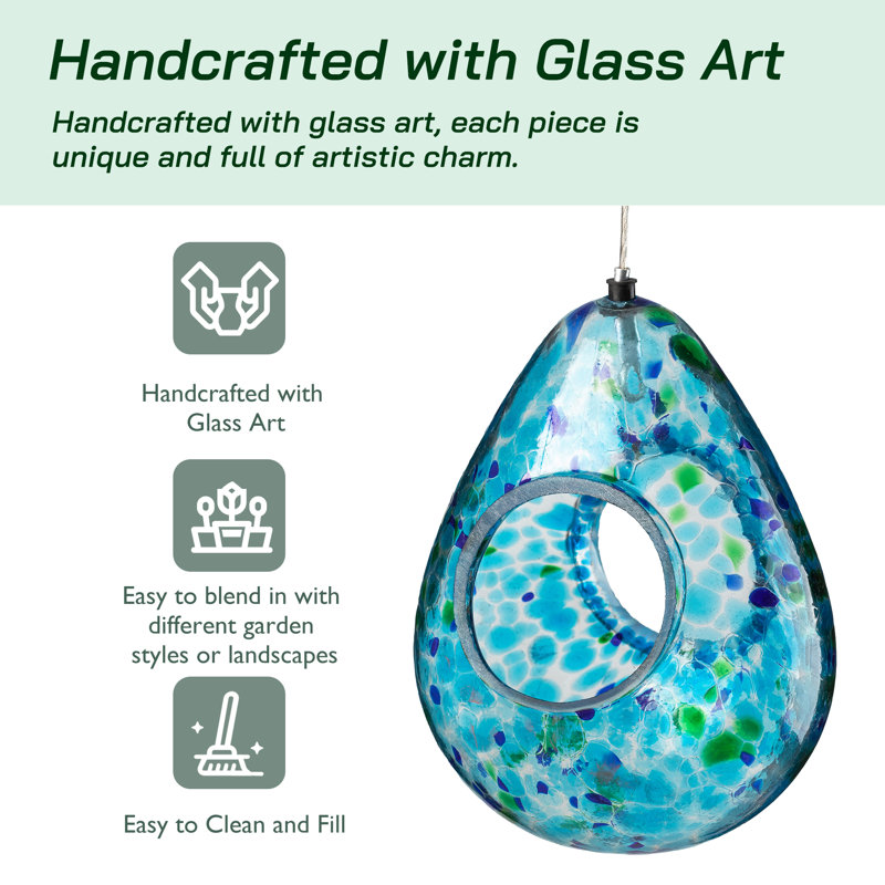 6.75" Blue and Green Glass Teardrop Hanging Bird Feeder