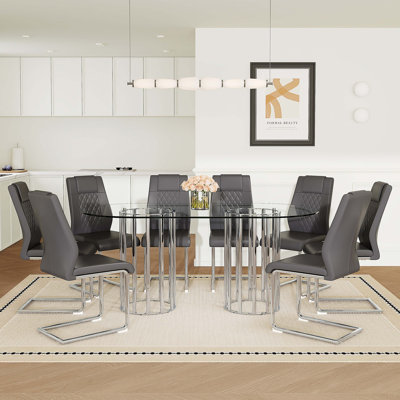 Ensemble de table et de chaises Table de salle à manger ovale en verre trempé de 71 pouces, double colonne argentée de style luxueux, chaises en polyuréthane de haute qualité avec pieds en métal arqués argentés, table moderne et ensemble de meubles 8 places