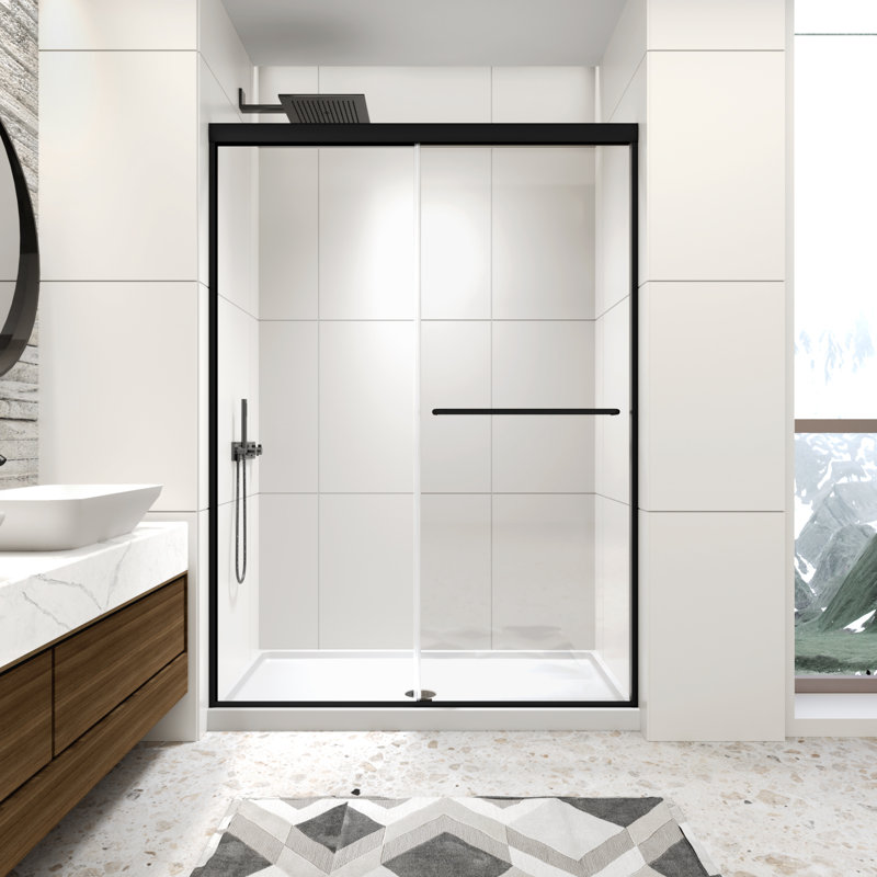 Porte de douche coulissante double l 50 à 54 po x H 72 po, porte de douche encadrée avec verre trempé transparent de 1/4 po (6 mm), portes de douche au fini noir mat avec barre à serviettes, installation réversible