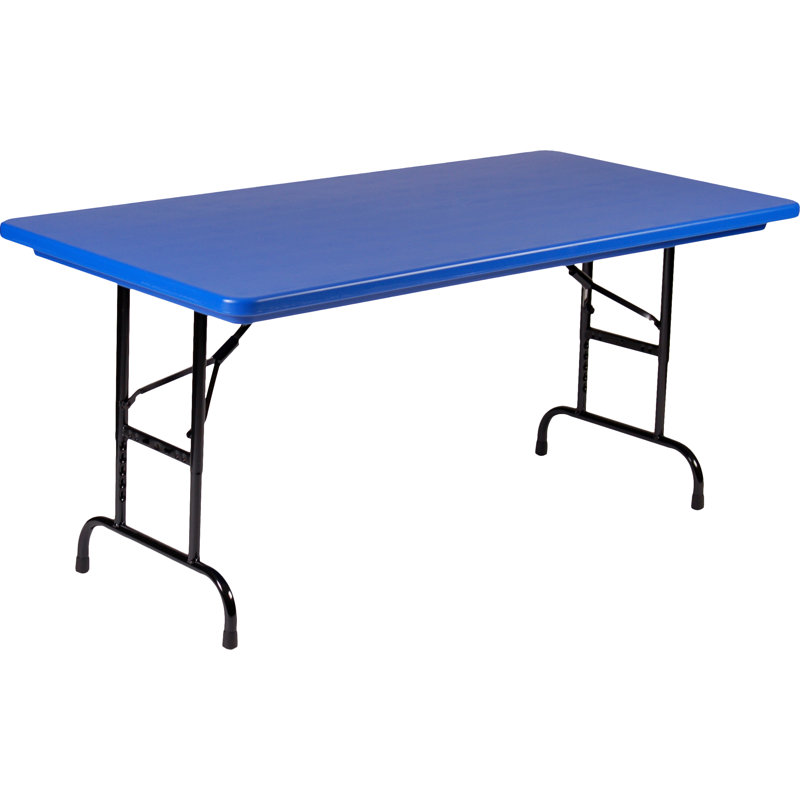 Adjustable Height Blue Plastic Top Folding Table with Black Steel Frame