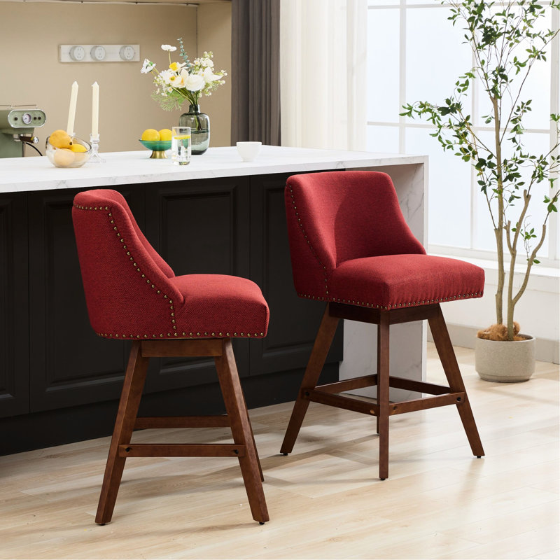 26'' H Seat Counter Height Swivel Of 2, Wine Red Upholstered Chairs, 360-Degree For Comfortable Eating And Communicating, Soft Foam Steel Spring Filler, Curved Back Relief, American Style, Rubberwood