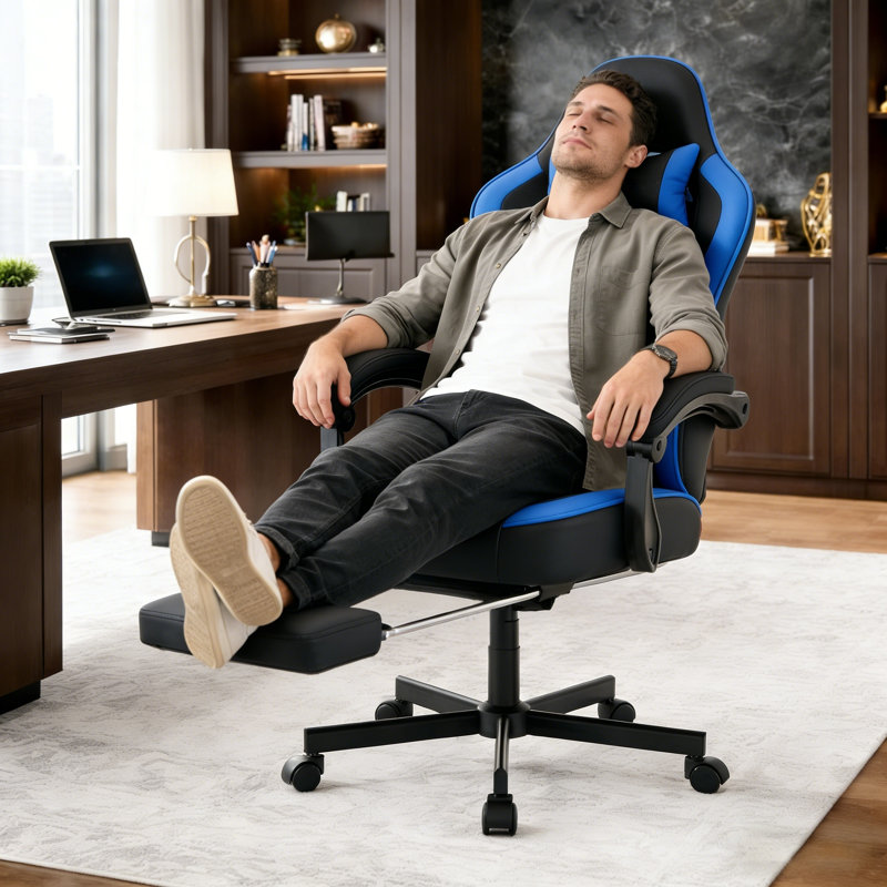 Adjustable Reclining Ergonomic Faux Leather Swiveling PC & Racing Game Chair(Set Of 2), Blue