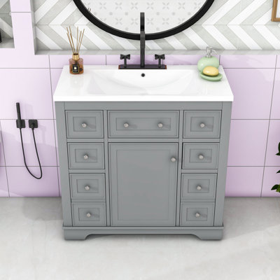 Meuble-lavabo autoportant simple avec lavabo en céramique, tablette réglable et grand espace de rangement