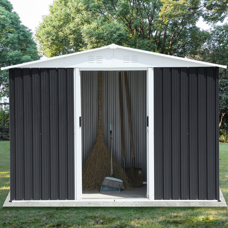 Structure en alliage d'aluminium gris foncé de 8 pi x 6 pi, durabilité à long terme, ventilation pour garder l'intérieur inodore, rangement extérieur pour le bois de chauffage, structure en acier galvanisé en métal, rangement pour les outils spacieux,